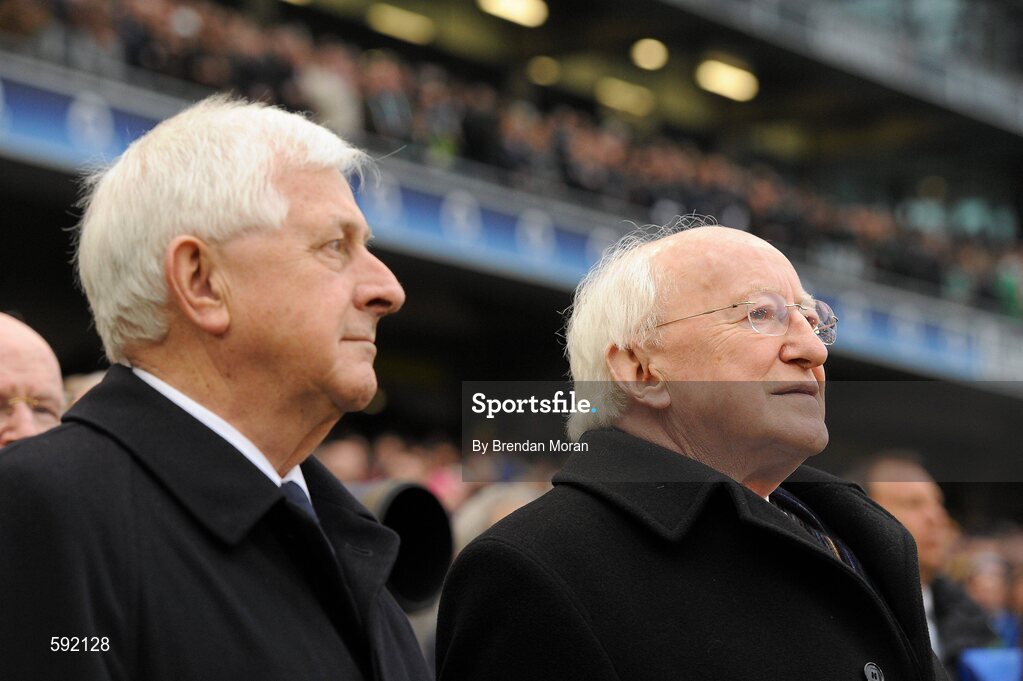 5 February 2012; The President of Ireland Michael D. Higgins stands for the Presidential Salute alongside IRFU President John Hussey, left. RBS Six Nations Rugby Championship, Ireland v Wales, Aviva Stadium, Lansdowne Road, Dublin. Picture credit: Brendan Moran / SPORTSFILE