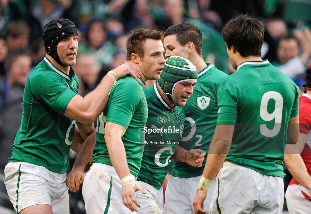 5 February 2012; Rory Best, Ireland, is congratulated by team mates, from left, Stephen Ferris, Tommy Bowe, Jonathan Sexton and Conor Murray, after scoring his side's first try. RBS Six Nations Rugby Championship, Ireland v Wales, Aviva Stadium, Lansdowne Road, Dublin. Picture credit: Brendan Moran / SPORTSFILE