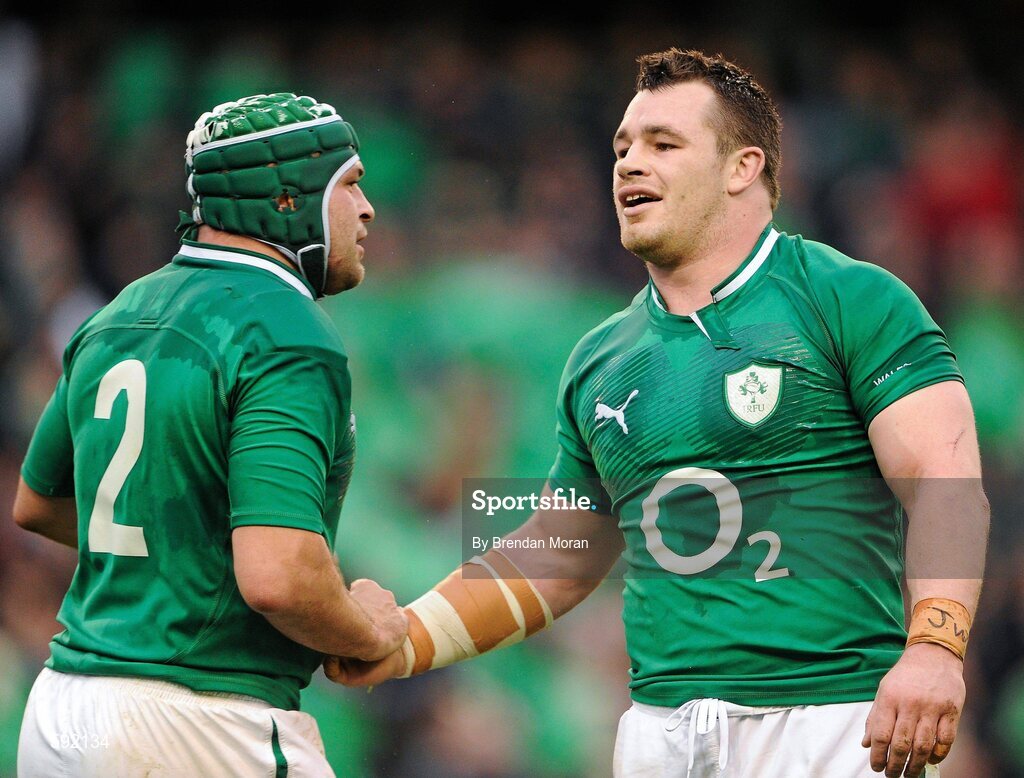 5 February 2012; Rory Best, Ireland, is congratulated by team mate Cian Healy after scoring his side's first try. RBS Six Nations Rugby Championship, Ireland v Wales, Aviva Stadium, Lansdowne Road, Dublin. Picture credit: Brendan Moran / SPORTSFILE