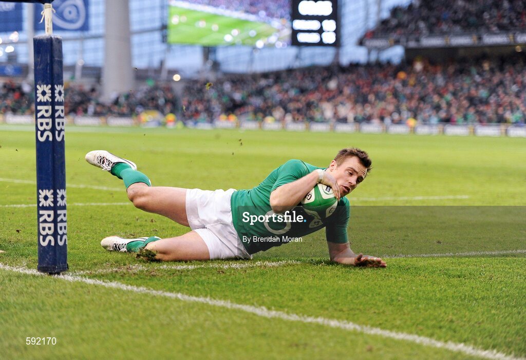 5 February 2012; Tommy Bowe, Ireland, goes over to score his side's second try. RBS Six Nations Rugby Championship, Ireland v Wales, Aviva Stadium, Lansdowne Road, Dublin. Picture credit: Brendan Moran / SPORTSFILE
