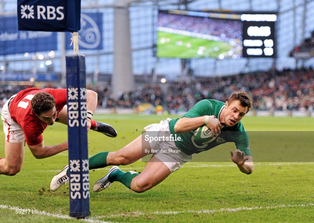 5 February 2012; Tommy Bowe, Ireland, goes over to score his side's second try. RBS Six Nations Rugby Championship, Ireland v Wales, Aviva Stadium, Lansdowne Road, Dublin. Picture credit: Brendan Moran / SPORTSFILE