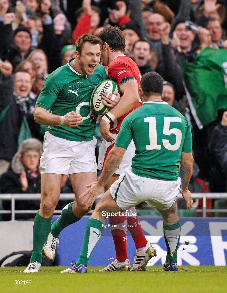 5 February 2012; Tommy Bowe, Ireland, celebrates with team mate Rob Kearney after scoring his side's second try. RBS Six Nations Rugby Championship, Ireland v Wales, Aviva Stadium, Lansdowne Road, Dublin. Picture credit: Brian Lawless / SPORTSFILE