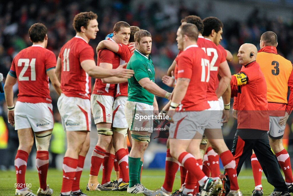 5 February 2012; Ireland's Sean O'Brien shakes hands with the Wales players after the match. RBS Six Nations Rugby Championship, Ireland v Wales, Aviva Stadium, Lansdowne Road, Dublin. Picture credit: Brian Lawless / SPORTSFILE