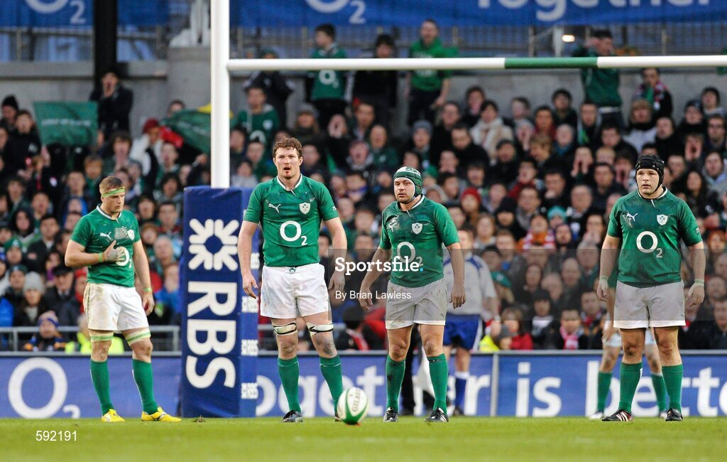 5 February 2012; Ireland players, from left, Jamie Heaslip, Donnacha Ryan, Rory Best and Mike Ross wait for the final penalty, in the last minute of the game, to be kicked. RBS Six Nations Rugby Championship, Ireland v Wales, Aviva Stadium, Lansdowne Road, Dublin. Picture credit: Brian Lawless / SPORTSFILE
