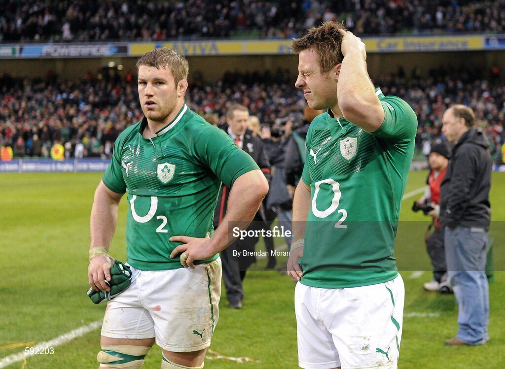 5 February 2012; A dejected Sean O'Brien and Tommy Bowe, Ireland, right, after the game. RBS Six Nations Rugby Championship, Ireland v Wales, Aviva Stadium, Lansdowne Road, Dublin. Picture credit: Brendan Moran / SPORTSFILE