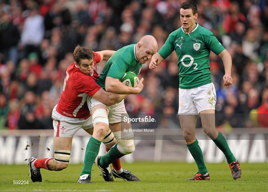 5 February 2012; Paul O'Connell, Ireland, is tackled by Ryan Jones, Wales. RBS Six Nations Rugby Championship, Ireland v Wales, Aviva Stadium, Lansdowne Road, Dublin. Picture credit: Brendan Moran / SPORTSFILE