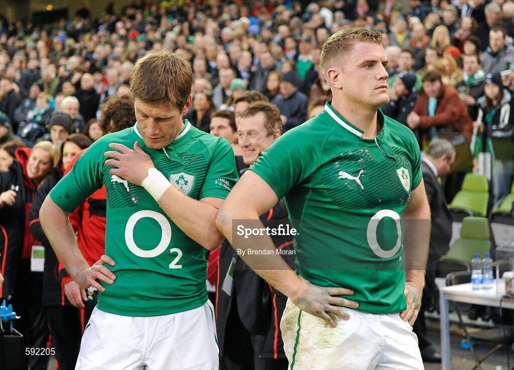 5 February 2012; A dejected Ronan O'Gara and Jamie Heaslip, Ireland, right, after the game. RBS Six Nations Rugby Championship, Ireland v Wales, Aviva Stadium, Lansdowne Road, Dublin. Picture credit: Brendan Moran / SPORTSFILE
