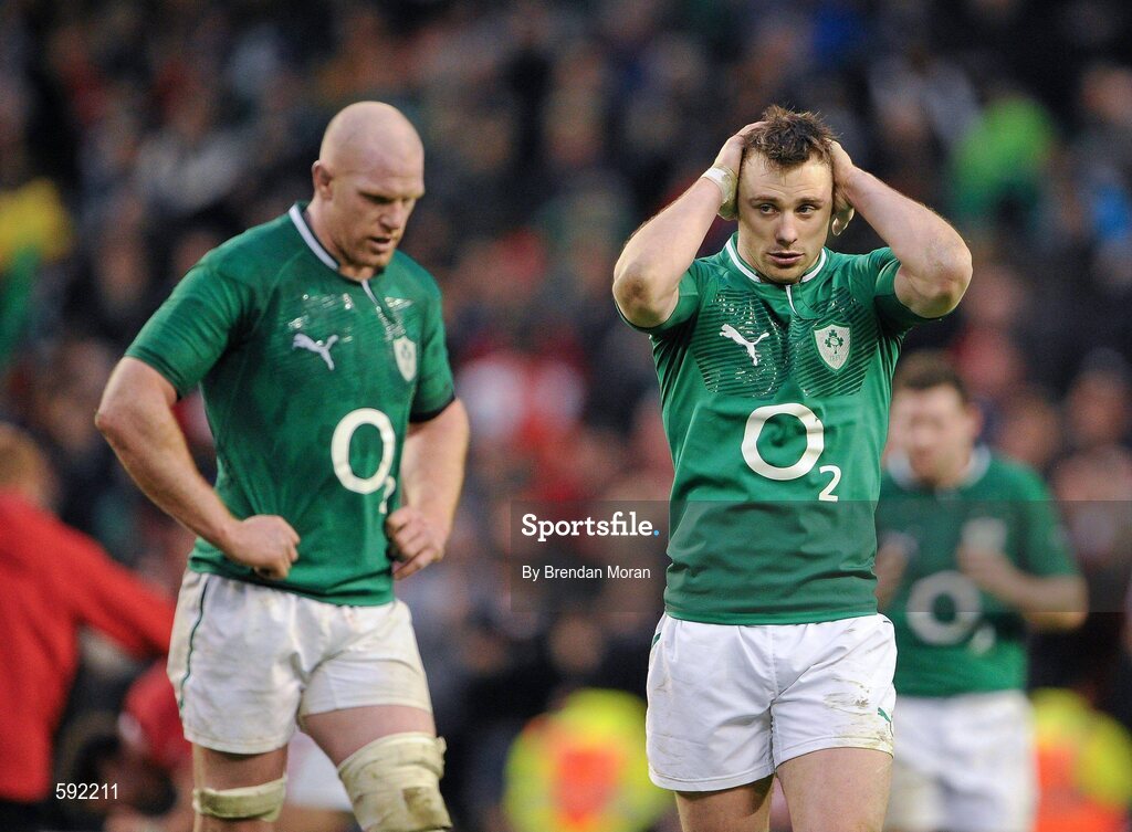 5 February 2012; A dejected Tommy Bowe and Paul O'Connell, left, Ireland, after the game. RBS Six Nations Rugby Championship, Ireland v Wales, Aviva Stadium, Lansdowne Road, Dublin. Picture credit: Brendan Moran / SPORTSFILE