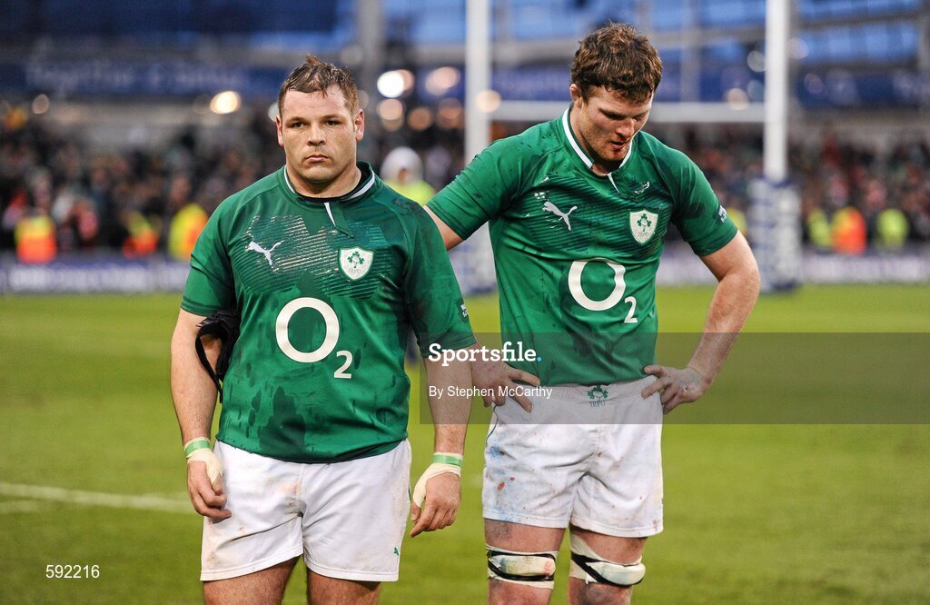 5 February 2012; Dejected Ireland players Mike Ross, left, and Donnacha Ryan after the game. RBS Six Nations Rugby Championship, Ireland v Wales, Aviva Stadium, Lansdowne Road, Dublin. Picture credit: Stephen McCarthy / SPORTSFILE