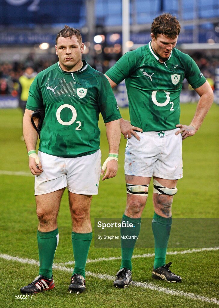 5 February 2012; Dejected Ireland players Mike Ross, left, and Donnacha Ryan after the game. RBS Six Nations Rugby Championship, Ireland v Wales, Aviva Stadium, Lansdowne Road, Dublin. Picture credit: Stephen McCarthy / SPORTSFILE