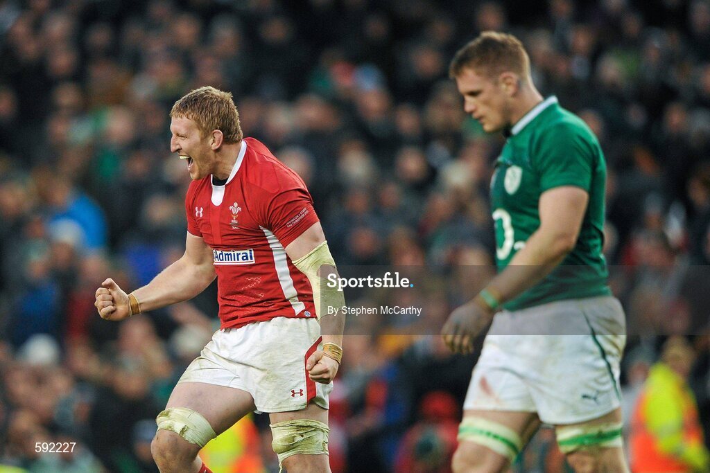 5 February 2012; Bradley Davies, Wales, celebrates his side's victory as Jamie Heaslip, Ireland, come to terms with defeat. RBS Six Nations Rugby Championship, Ireland v Wales, Aviva Stadium, Lansdowne Road, Dublin. Picture credit: Stephen McCarthy / SPORTSFILE