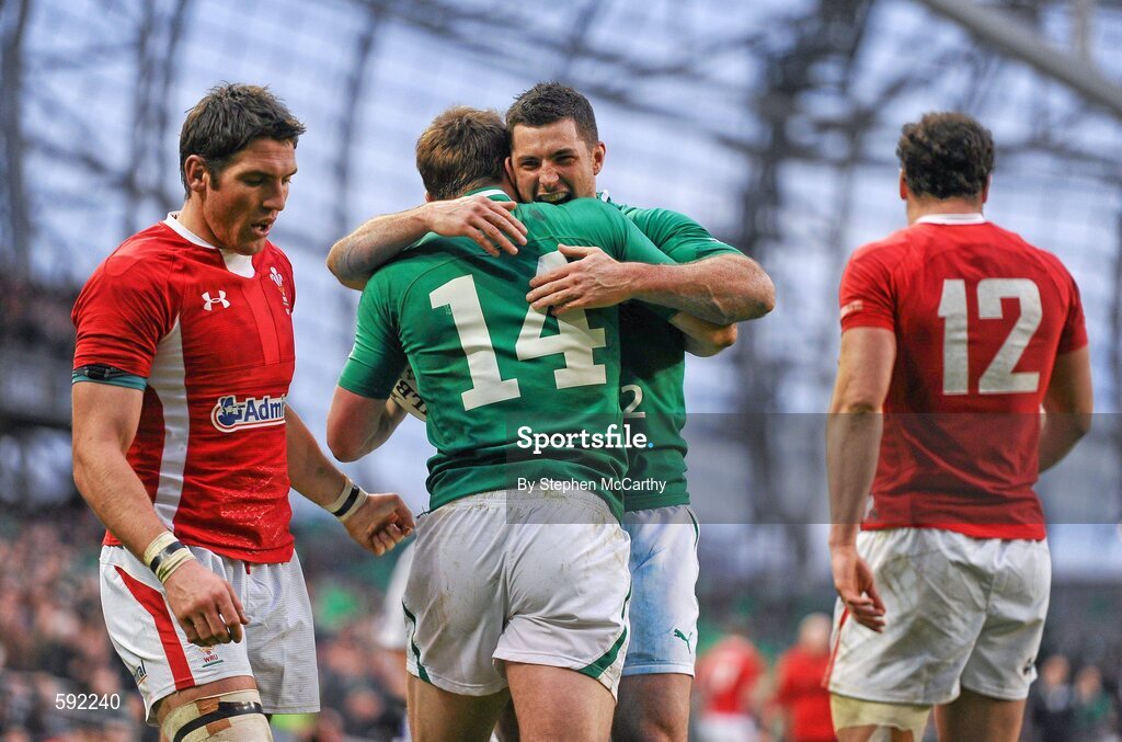 5 February 2012; Tommy Bowe, Ireland, 14, is congratulated by team-mate Rob Kearney after scoring his side's second try. RBS Six Nations Rugby Championship, Ireland v Wales, Aviva Stadium, Lansdowne Road, Dublin. Picture credit: Stephen McCarthy / SPORTSFILE