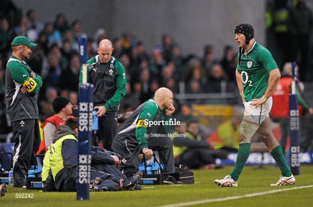 5 February 2012; Stephen Ferris, Ireland, makes his way to the sin bin late in the game after receiving a yellow card from referee Wayne Barnes. RBS Six Nations Rugby Championship, Ireland v Wales, Aviva Stadium, Lansdowne Road, Dublin. Picture credit: Stephen McCarthy / SPORTSFILE