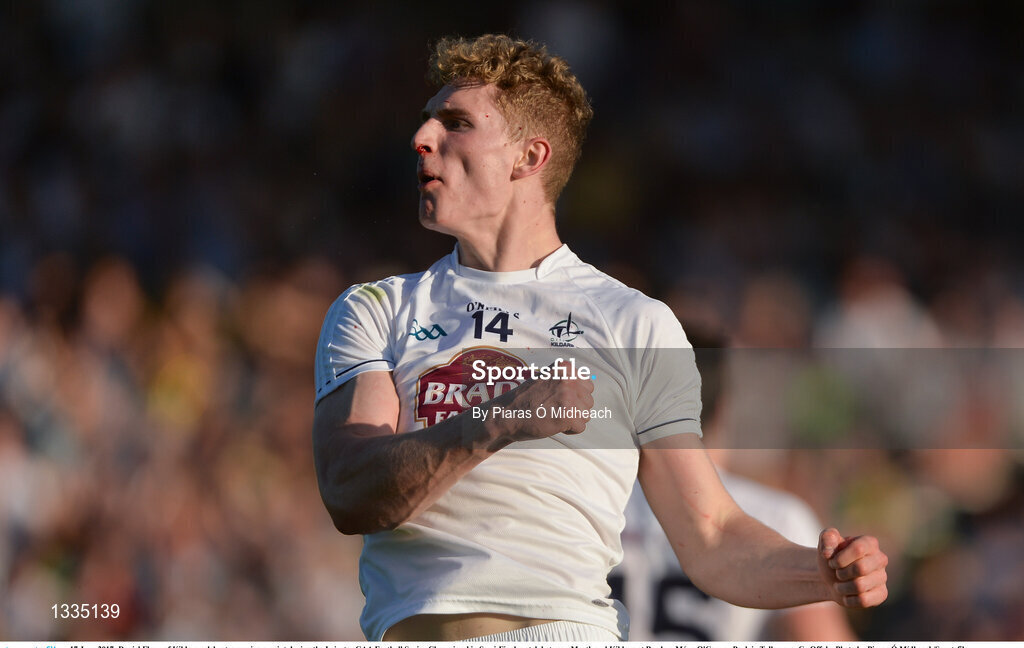 17 June 2017; Daniel Flynn of Kildare celebrates scoring a point during the Leinster GAA Football Senior Championship Semi-Final match between Meath and Kildare at Bord na Móna O'Connor Park in Tullamore, Co Offaly. Photo by Piaras Ó Mídheach/Sportsfile