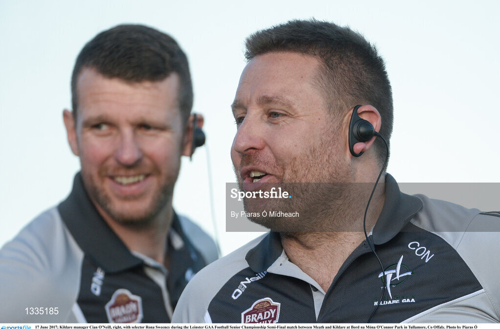 17 June 2017; Kildare manager Cian O'Neill, right, with selector Rona Sweeney during the Leinster GAA Football Senior Championship Semi-Final match between Meath and Kildare at Bord na Móna O'Connor Park in Tullamore, Co Offaly. Photo by Piaras Ó Mídheach/Sportsfile