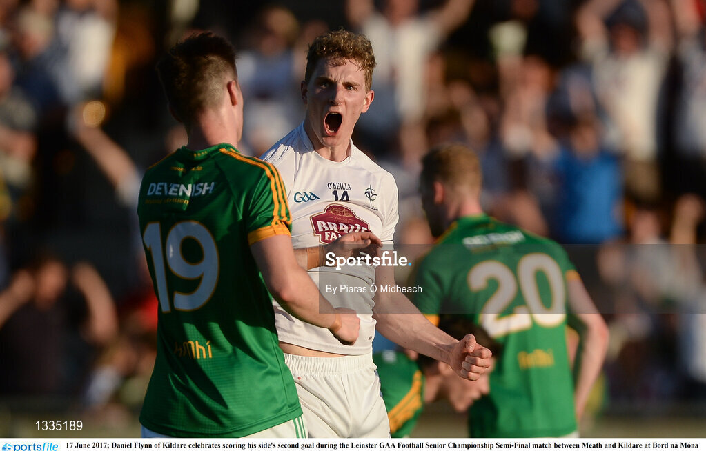 17 June 2017; Daniel Flynn of Kildare celebrates scoring his side's second goal during the Leinster GAA Football Senior Championship Semi-Final match between Meath and Kildare at Bord na Móna O'Connor Park in Tullamore, Co Offaly. Photo by Piaras Ó Mídheach/Sportsfile