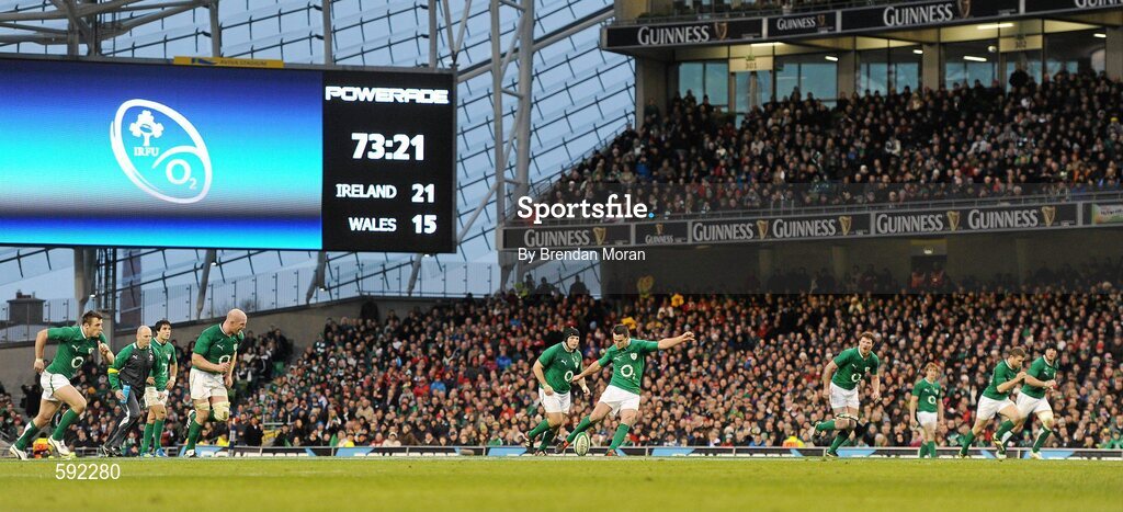 5 February 2012; Jonathan Sexton, Ireland, kicks a late penalty which was unsuccessful. RBS Six Nations Rugby Championship, Ireland v Wales, Aviva Stadium, Lansdowne Road, Dublin. Picture credit: Brendan Moran / SPORTSFILE