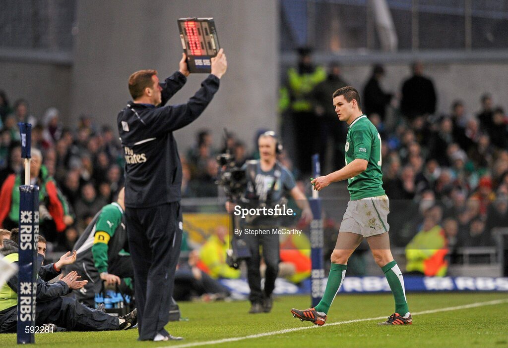 5 February 2012; Jonathan Sexton, Ireland, leaves the pitch during a second half substitution. RBS Six Nations Rugby Championship, Ireland v Wales, Aviva Stadium, Lansdowne Road, Dublin. Picture credit: Stephen McCarthy / SPORTSFILE