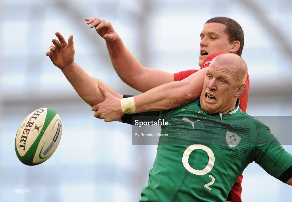 5 February 2012; Paul O'Connell, Ireland, contests a lineout with Ian Evans, Wales. RBS Six Nations Rugby Championship, Ireland v Wales, Aviva Stadium, Lansdowne Road, Dublin. Picture credit: Brendan Moran / SPORTSFILE