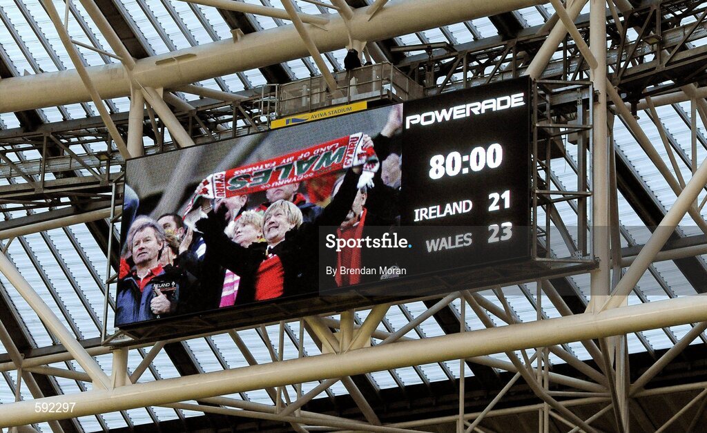 5 February 2012; The Final Score as Wales supporters celebrate their side's win. RBS Six Nations Rugby Championship, Ireland v Wales, Aviva Stadium, Lansdowne Road, Dublin. Picture credit: Brendan Moran / SPORTSFILE