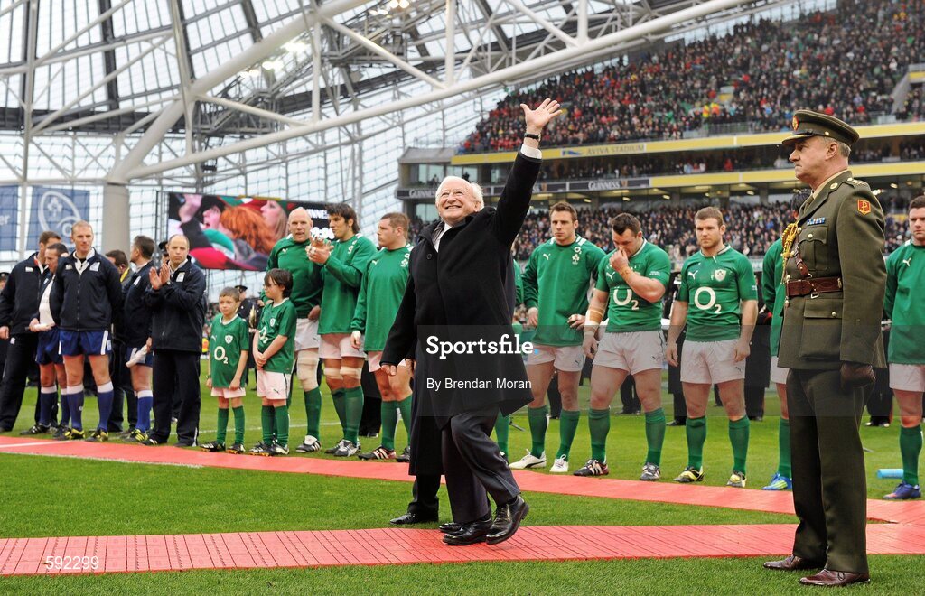 5 February 2012; President of Ireland Michael D. Higgins waves to the crowd after meeting the teams before the game. RBS Six Nations Rugby Championship, Ireland v Wales, Aviva Stadium, Lansdowne Road, Dublin. Picture credit: Brendan Moran / SPORTSFILE