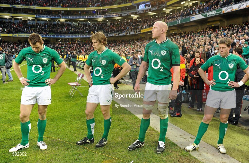 5 February 2012; Dejected Ireland players, from left, Tommy Bowe, Andrew Trimble, Paul O'Connell and Ronan O'Gara after the game. RBS Six Nations Rugby Championship, Ireland v Wales, Aviva Stadium, Lansdowne Road, Dublin. Picture credit: Brendan Moran / SPORTSFILE