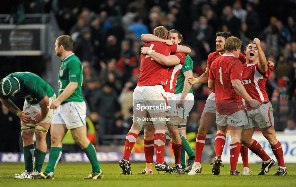 5 February 2012; Wales players celebrate at the final whistle. RBS Six Nations Rugby Championship, Ireland v Wales, Aviva Stadium, Lansdowne Road, Dublin. Picture credit: Brendan Moran / SPORTSFILE