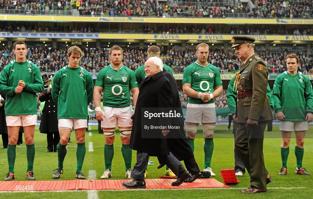 5 February 2012; President of Ireland Michael D Higgins walks back to his seat after meeting the teams before the game. RBS Six Nations Rugby Championship, Ireland v Wales, Aviva Stadium, Lansdowne Road, Dublin. Picture credit: Brendan Moran / SPORTSFILE