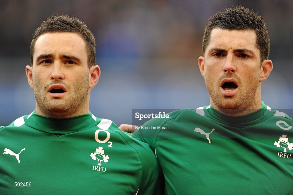 5 February 2012; Brothers Dave, left, and Rob Kearney stand together as they sing the National Anthem before the game. RBS Six Nations Rugby Championship, Ireland v Wales, Aviva Stadium, Lansdowne Road, Dublin. Picture credit: Brendan Moran / SPORTSFILE