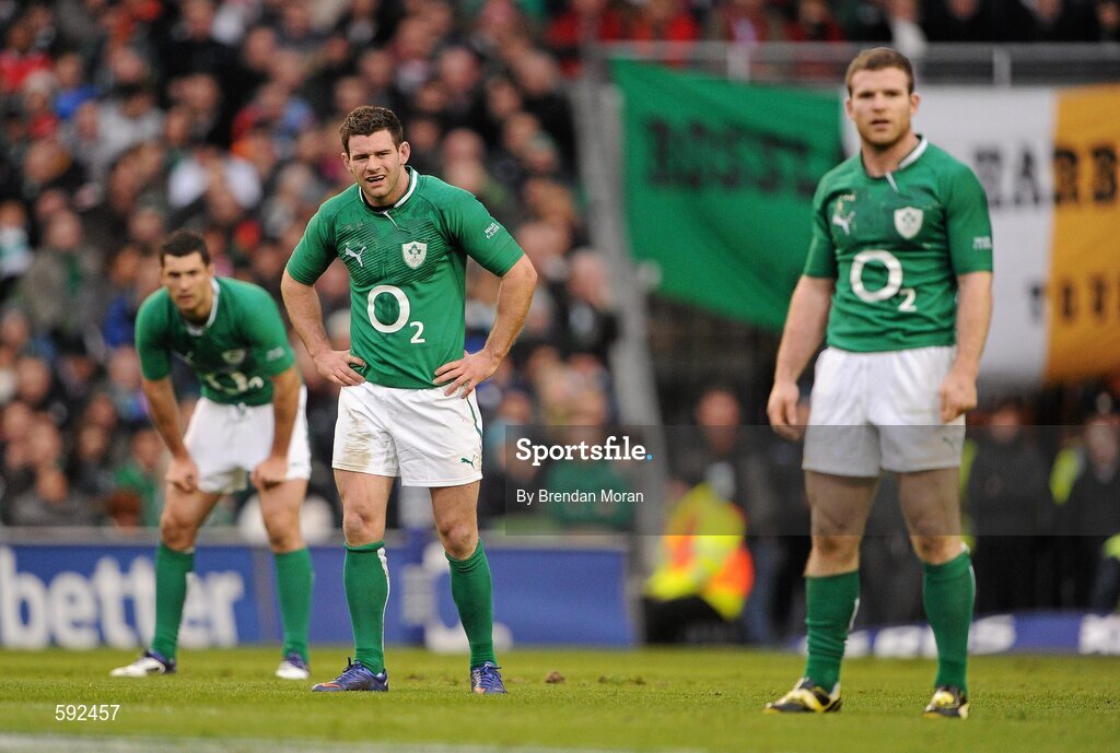 5 February 2012; Rob Kearney, left, Fergus McFadden and Gordon D'Arcy, right, Ireland. RBS Six Nations Rugby Championship, Ireland v Wales, Aviva Stadium, Lansdowne Road, Dublin. Picture credit: Brendan Moran / SPORTSFILE