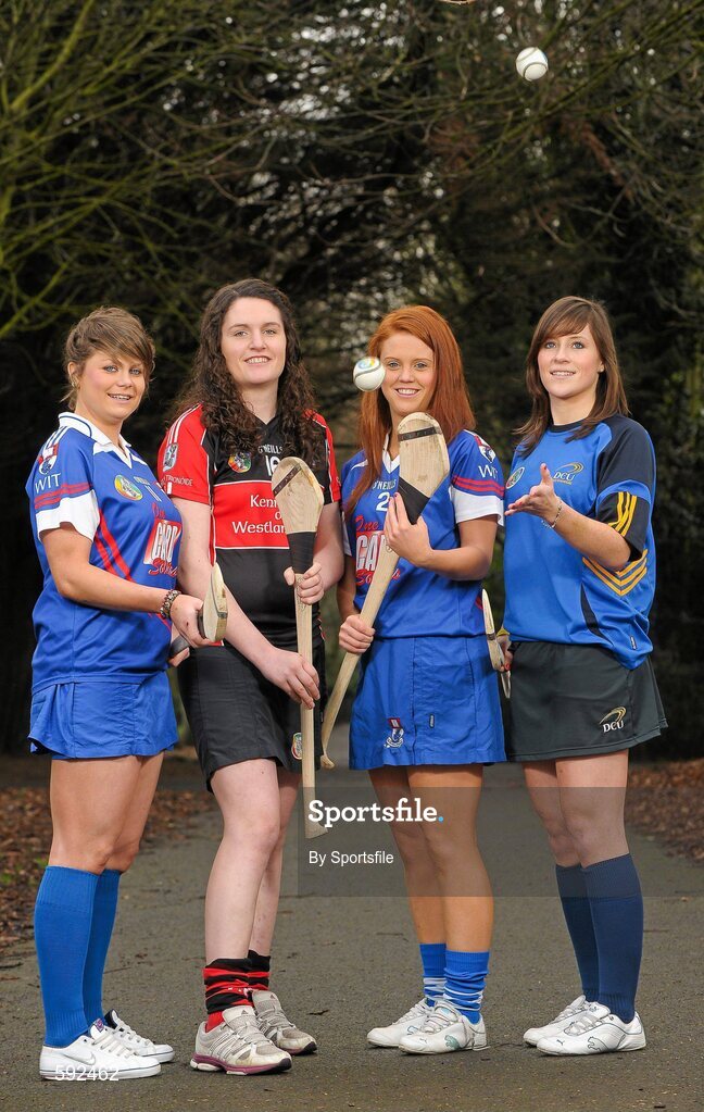 6 February 2012; In attendance at the launch of the Ashbourne, Purcell and Fr. Meachair Cup Competitions are, from left, Katie Power, Piltown, Kilkenny and Waterford Institute of Technology, Mairi Ni Mhuineachain, Lucan Sarsfields and Trinity College, Collette Dormer, Paulstown, Kilkenny and Waterford Institute of Technology and Laura Twomey, Naomh Mearnog and Dublin City University. The weekend will be hosted by Waterford Institute of Technology on the 18th and 19th of February. Dublin City University, Glasnevin, Dublin. Photo by Sportsfile