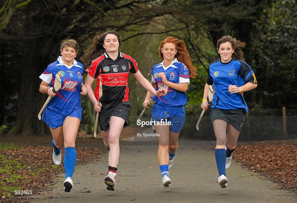 6 February 2012; In attendance at the launch of the Ashbourne, Purcell and Fr. Meachair Cup Competitions are, from left, Katie Power, Piltown, Kilkenny and Waterford Institute of Technology, Mairi Ni Mhuineachain, Lucan Sarsfields and Trinity College, Collette Dormer, Paulstown, Kilkenny and Waterford Institute of Technology and Laura Twomey, Naomh Mearnog and Dublin City University. The weekend will be hosted by Waterford Institute of Technology on the 18th and 19th of February. Dublin City University, Glasnevin, Dublin. Photo by Sportsfile