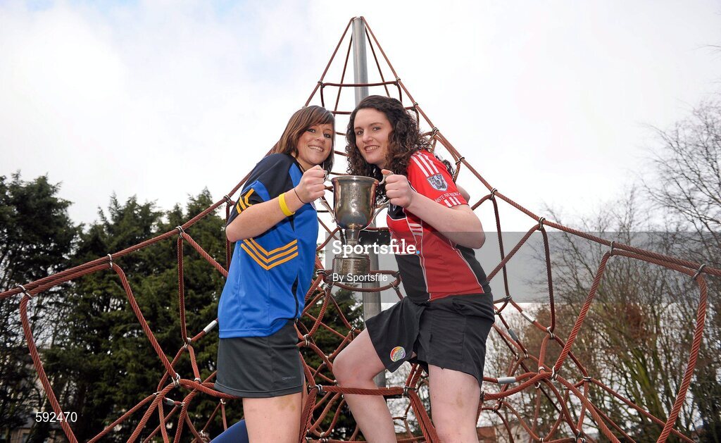 6 February 2012; In attendance at the launch of the Ashbourne, Purcell and Fr. Meachair Cup Competitions are Laura Twomey, left, Naomh Mearnog and Dublin City University, and Mairi Ni Mhuineachain, Lucan Sarsfields and Trinity College. The weekend will be hosted by Waterford Institute of Technology on the 18th and 19th of February. Dublin City University, Glasnevin, Dublin. Photo by Sportsfile