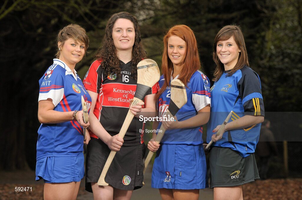6 February 2012; In attendance at the launch of the Ashbourne, Purcell and Fr. Meachair Cup Competitions are, from left, Katie Power, Piltown, Kilkenny and Waterford Institute of Technology, Mairi Ni Mhuineachain, Lucan Sarsfields and Trinity College, Collette Dormer, Paulstown, Kilkenny and Waterford Institute of Technology and Laura Twomey, Naomh Mearnog and Dublin City University. The weekend will be hosted by Waterford Institute of Technology on the 18th and 19th of February. Dublin City University, Glasnevin, Dublin. Photo by Sportsfile