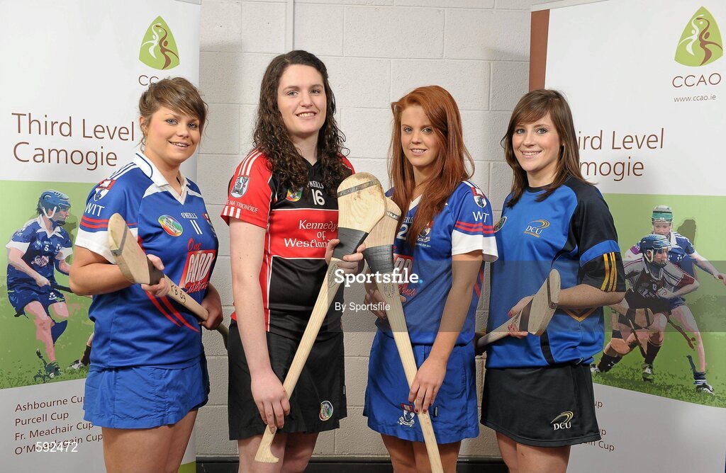 6 February 2012; In attendance at the launch of the Ashbourne, Purcell and Fr. Meachair Cup Competitions are, from left, Katie Power, Piltown, Kilkenny and Waterford Institute of Technology, Mairi Ni Mhuineachain, Lucan Sarsfields and Trinity College, Collette Dormer, Paulstown, Kilkenny and Waterford Institute of Technology and Laura Twomey, Naomh Mearnog and Dublin City University. The weekend will be hosted by Waterford Institute of Technology on the 18th and 19th of February. Dublin City University, Glasnevin, Dublin. Photo by Sportsfile