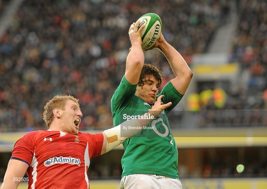 5 February 2012; Donncha O'Callaghan, Ireland, wins possession in a lineout against Bradley Davies, Wales. RBS Six Nations Rugby Championship, Ireland v Wales, Aviva Stadium, Lansdowne Road, Dublin. Picture credit: Brendan Moran / SPORTSFILE