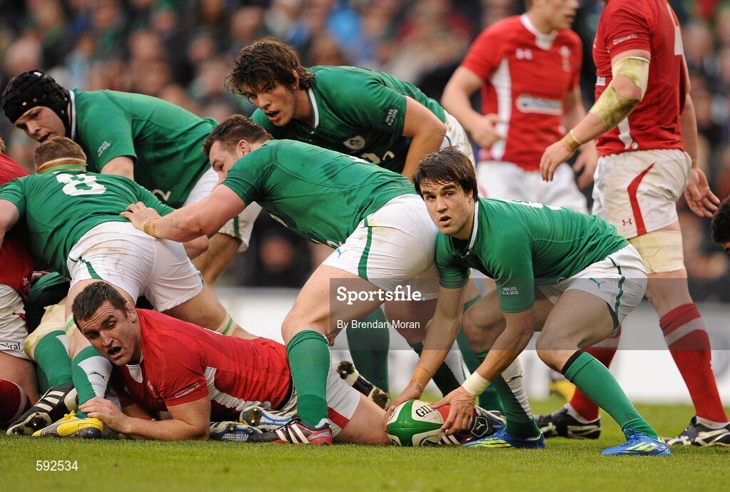 5 February 2012; Ireland scrum-half Conor Murray gets the ball away from the base of a ruck. RBS Six Nations Rugby Championship, Ireland v Wales, Aviva Stadium, Lansdowne Road, Dublin. Picture credit: Brendan Moran / SPORTSFILE
