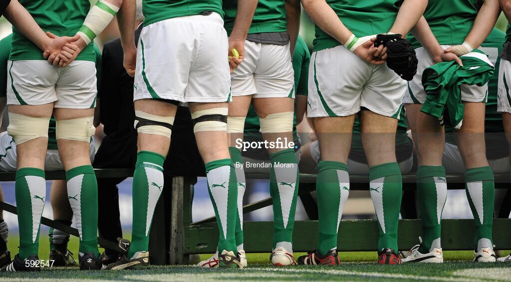 5 February 2012; Members of the Irish team stand for the squad photograph before the game. RBS Six Nations Rugby Championship, Ireland v Wales, Aviva Stadium, Lansdowne Road, Dublin. Picture credit: Brendan Moran / SPORTSFILE