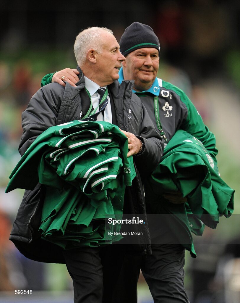 5 February 2012; Ireland team manager Michael Kearney, left, and baggage master Paddy 'Rala' O'Reilly carry the team jerseys back to the dressing room after the official team photograph. RBS Six Nations Rugby Championship, Ireland v Wales, Aviva Stadium, Lansdowne Road, Dublin. Picture credit: Brendan Moran / SPORTSFILE