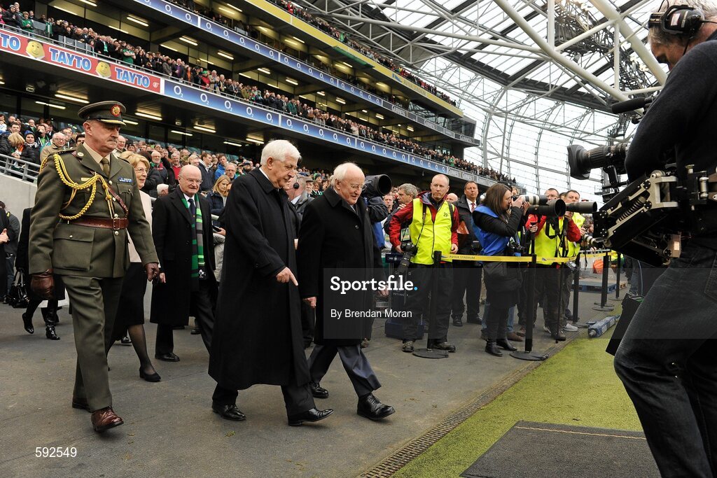 5 February 2012; President of Ireland Michael D Higgins is accompanied by IRFU President John Hussey as they make their way to meet the teams before the game. RBS Six Nations Rugby Championship, Ireland v Wales, Aviva Stadium, Lansdowne Road, Dublin. Picture credit: Brendan Moran / SPORTSFILE