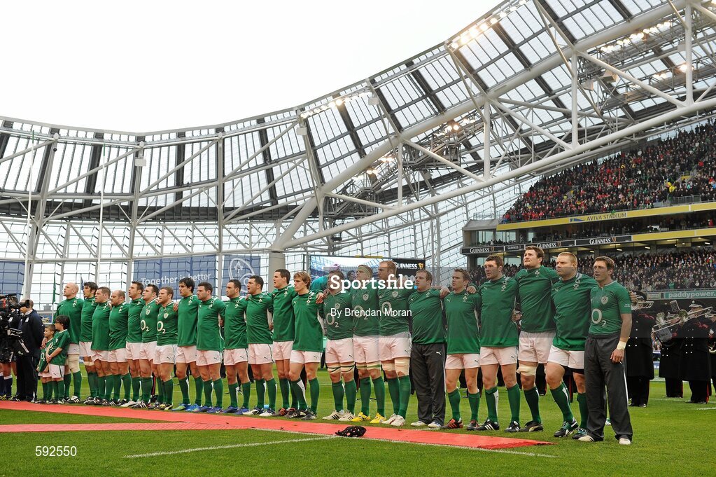 5 February 2012; The Ireland squad lineup for the National Anthem before the game. RBS Six Nations Rugby Championship, Ireland v Wales, Aviva Stadium, Lansdowne Road, Dublin. Picture credit: Brendan Moran / SPORTSFILE