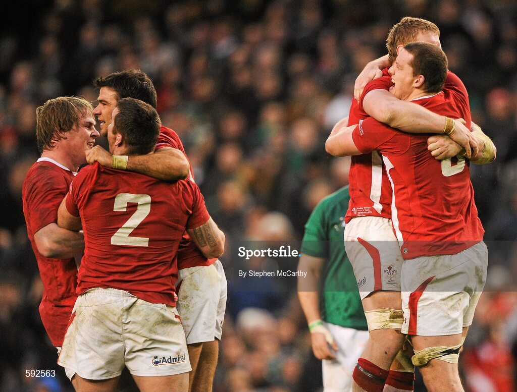 5 February 2012; Wales players celebrate their side's victory. RBS Six Nations Rugby Championship, Ireland v Wales, Aviva Stadium, Lansdowne Road, Dublin. Picture credit: Stephen McCarthy / SPORTSFILE