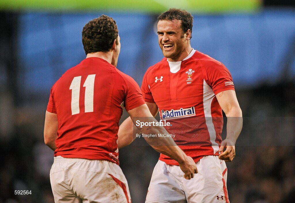 5 February 2012; Wales players Jamie Roberts, right, and George North celebrate their side's victory. RBS Six Nations Rugby Championship, Ireland v Wales, Aviva Stadium, Lansdowne Road, Dublin. Picture credit: Stephen McCarthy / SPORTSFILE