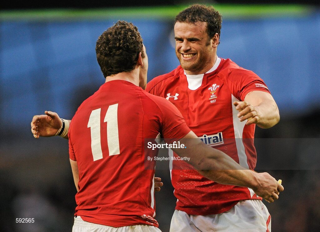 5 February 2012; Wales players Jamie Roberts, right, and George North celebrate their side's victory. RBS Six Nations Rugby Championship, Ireland v Wales, Aviva Stadium, Lansdowne Road, Dublin. Picture credit: Stephen McCarthy / SPORTSFILE