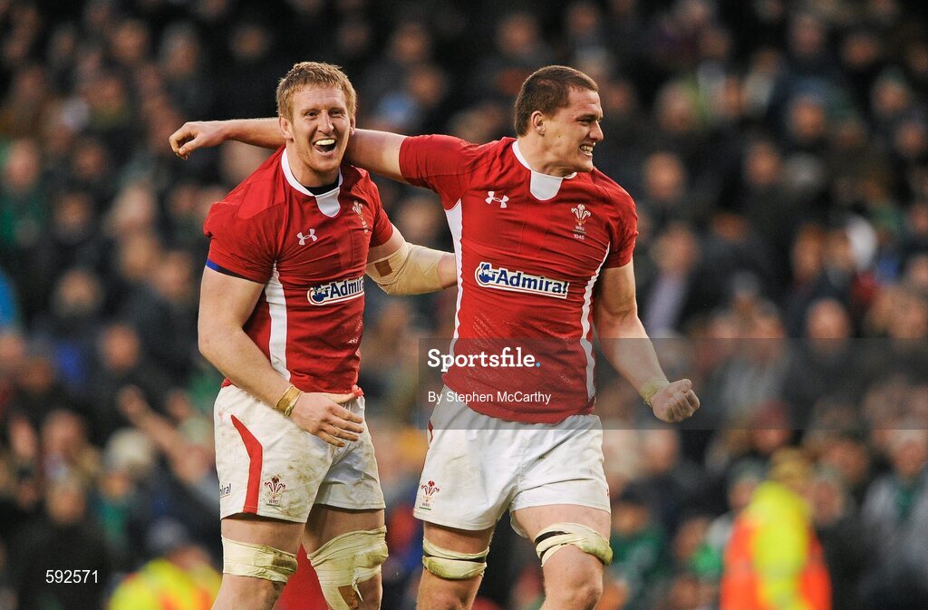 5 February 2012; Wales players Bradley Davies and Ian Evans, right, celebrate their side's victory. RBS Six Nations Rugby Championship, Ireland v Wales, Aviva Stadium, Lansdowne Road, Dublin. Picture credit: Stephen McCarthy / SPORTSFILE