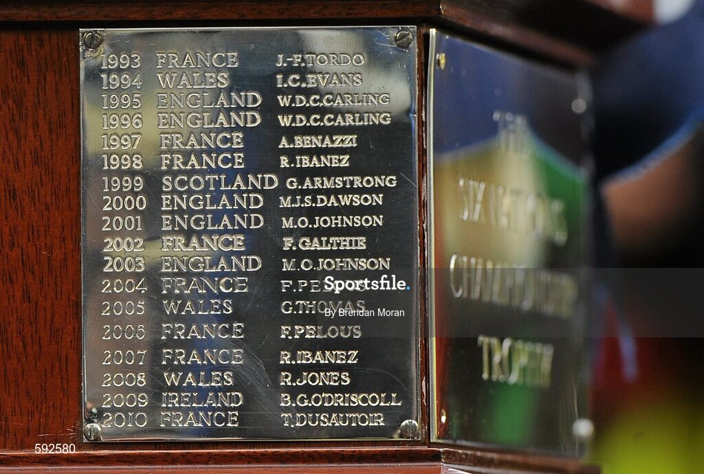 5 February 2012; Detail view of the RBS Six Nations Championship trophy showing the name of ireland captain Brian O'Driscoll, after being Champions in 2009. RBS Six Nations Rugby Championship, Ireland v Wales, Aviva Stadium, Lansdowne Road, Dublin. Picture credit: Brendan Moran / SPORTSFILE