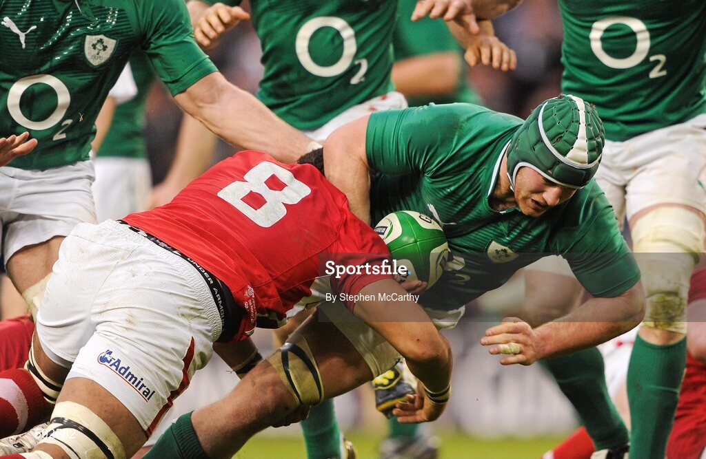 5 February 2012; Sean O'Brien, Ireland, is tackled by Toby Faletau, Wales. RBS Six Nations Rugby Championship, Ireland v Wales, Aviva Stadium, Lansdowne Road, Dublin. Picture credit: Stephen McCarthy / SPORTSFILE