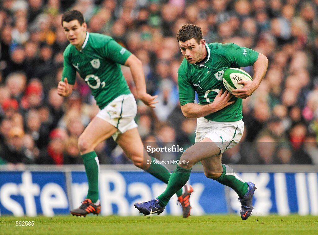 5 February 2012; Fergus McFadden, Ireland, with the support of team-mate Jonathan Sexton. RBS Six Nations Rugby Championship, Ireland v Wales, Aviva Stadium, Lansdowne Road, Dublin. Picture credit: Stephen McCarthy / SPORTSFILE