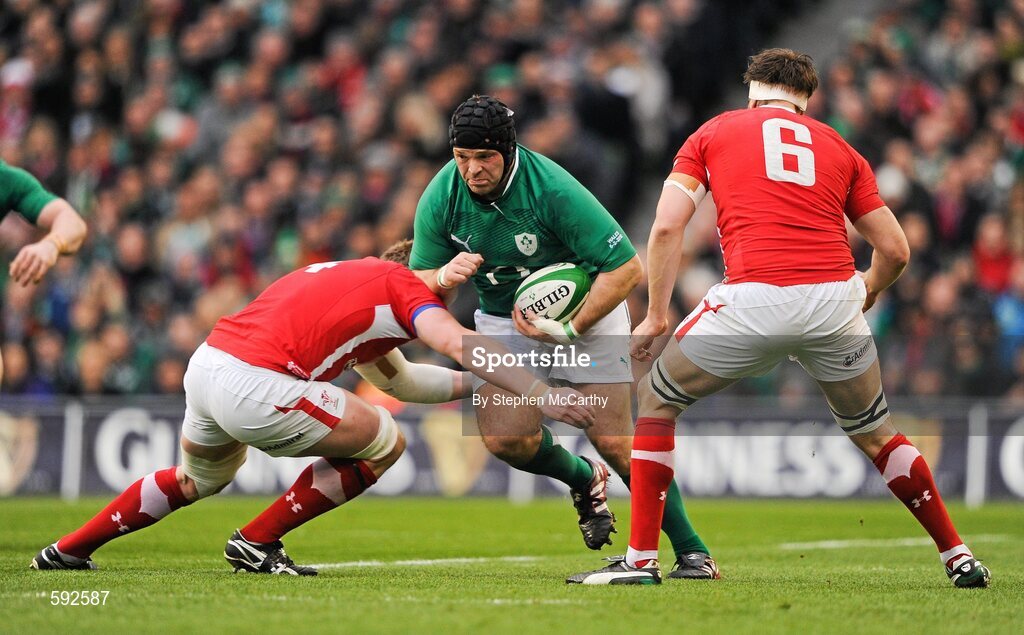 5 February 2012; Mike Ross, Ireland, is tackled by Bradley Davies, Wales. RBS Six Nations Rugby Championship, Ireland v Wales, Aviva Stadium, Lansdowne Road, Dublin. Picture credit: Stephen McCarthy / SPORTSFILE