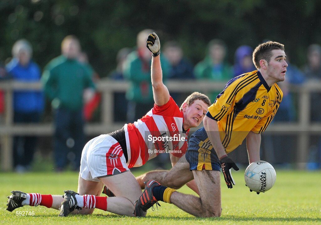 7 February 2012; Fiontan Ó Curraoin, Dublin City University, in action against Peter Daly, Cork Institute of Technology. Irish Daily Mail Sigerson Cup, Round 1, Dublin City University v Cork Institute of Technology, DCU Sportsgrounds, Ballymun, Dublin. Picture credit: Brian Lawless / SPORTSFILE